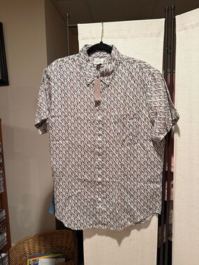 J. Crew Short-Sleeve Button-Down Shirt in White, Pink & Green Geometric Print